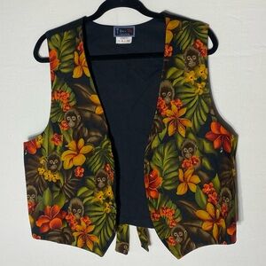 Vintage Ice Tee Tropical Floral Open Front Vest with Monkey Print L Festival